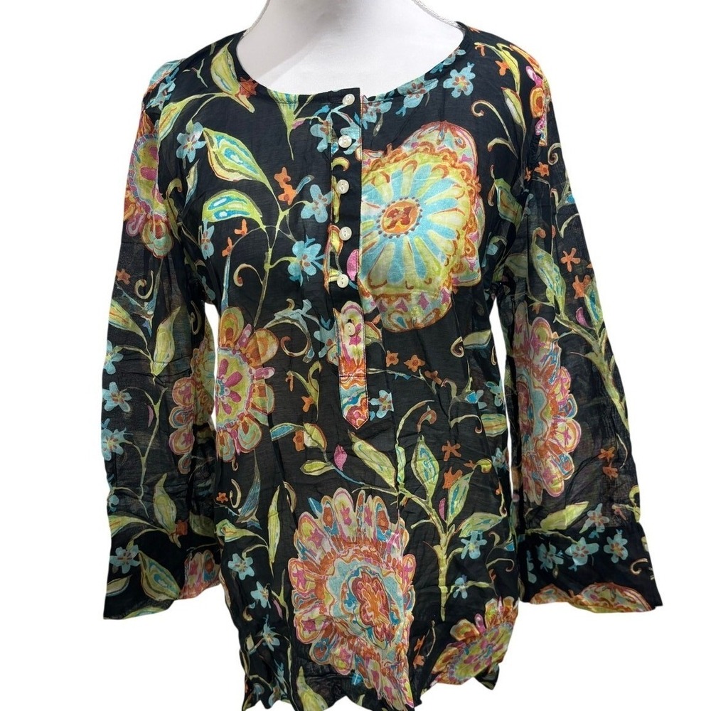 Athleta Floral Boho Tunic Top Navy Multicolor Cotton Silk Blend M Boho Resort